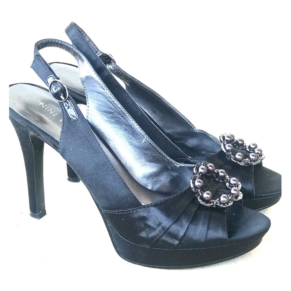 Nine West Black Satin Beaded Platform Pump Heel